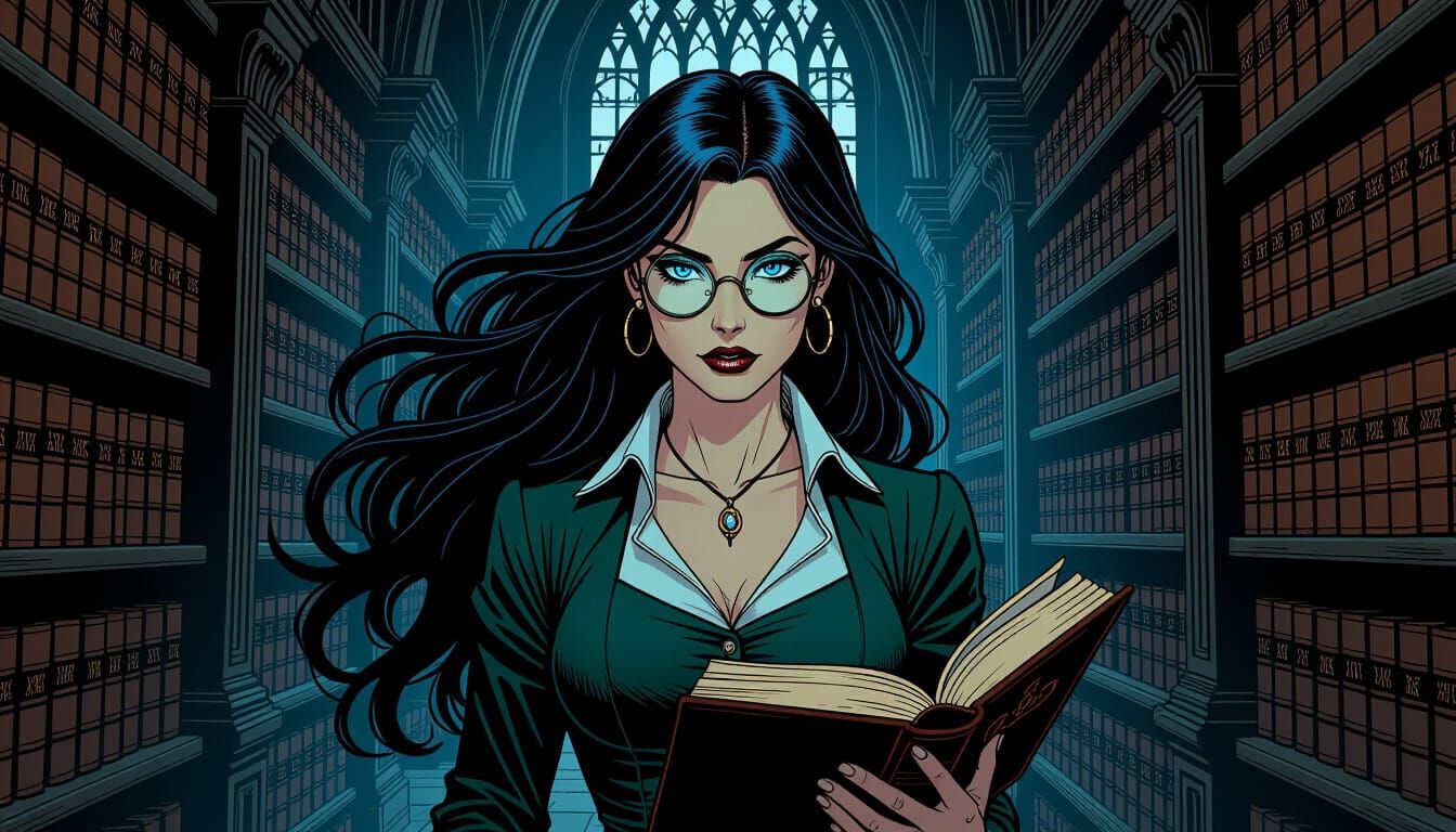 Celtic Librarian in Gothic Library, Dark Fantasy Art