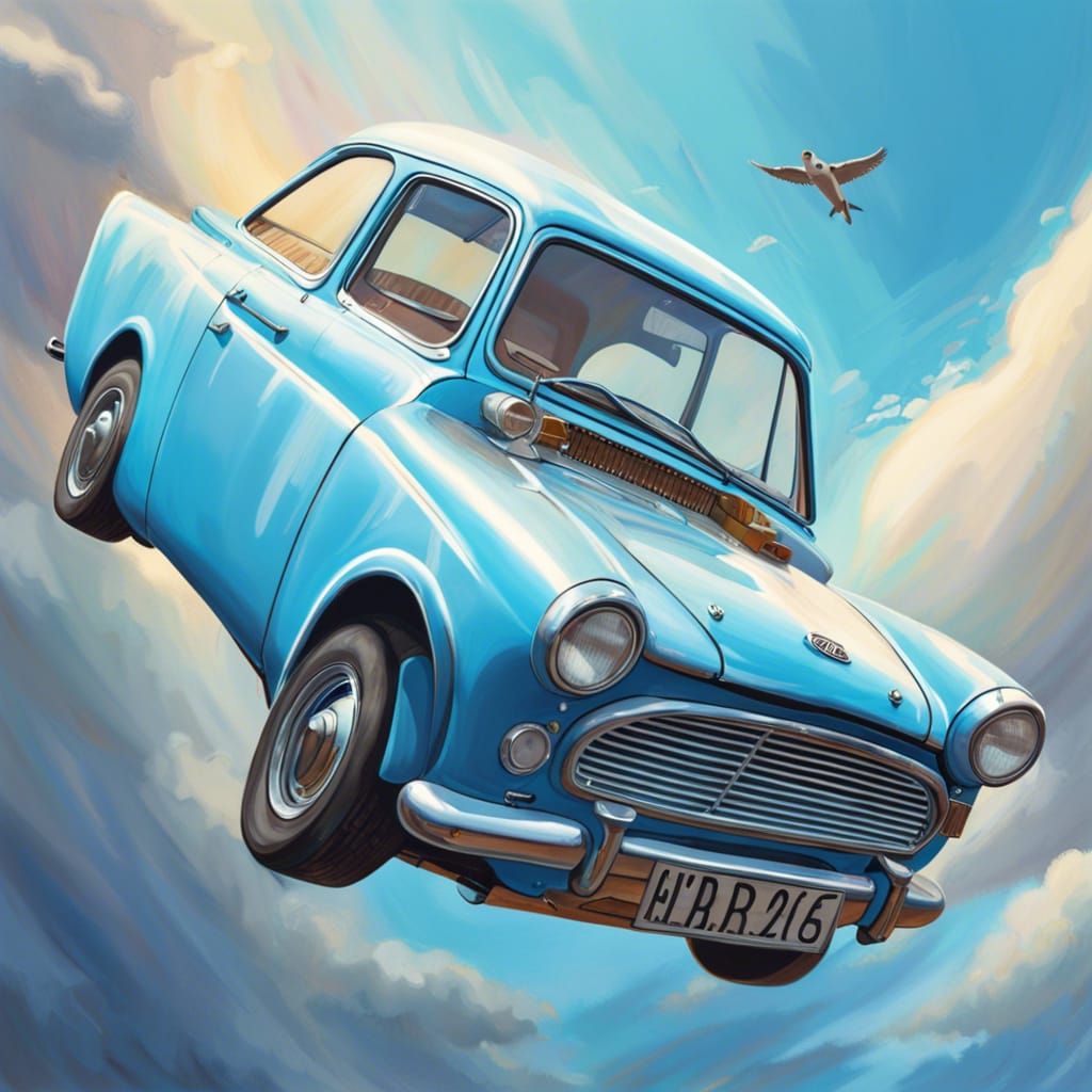 The Ford Anglia 105E from Harry Potter flying in the sky!