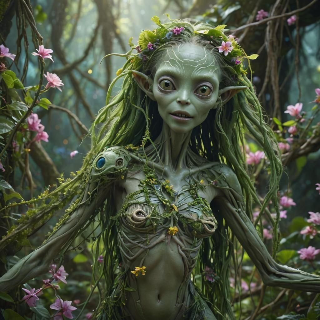 Smiling Alien Creature Wrapped in Lianas