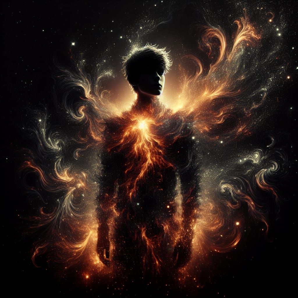 Fiery Star Child Silhouette in Hypermaximalism Style