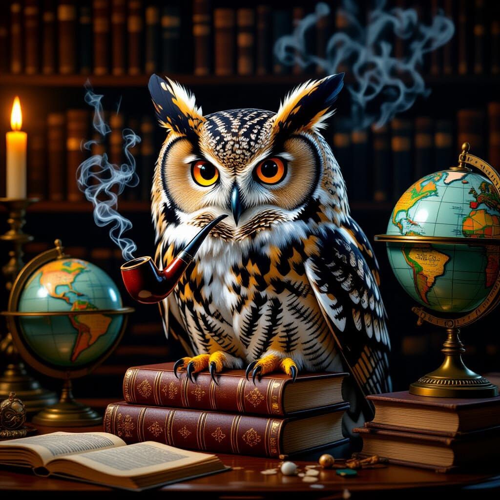 Wise Old Owl in Candlelit Study, Artgerm and Mucha Inspired