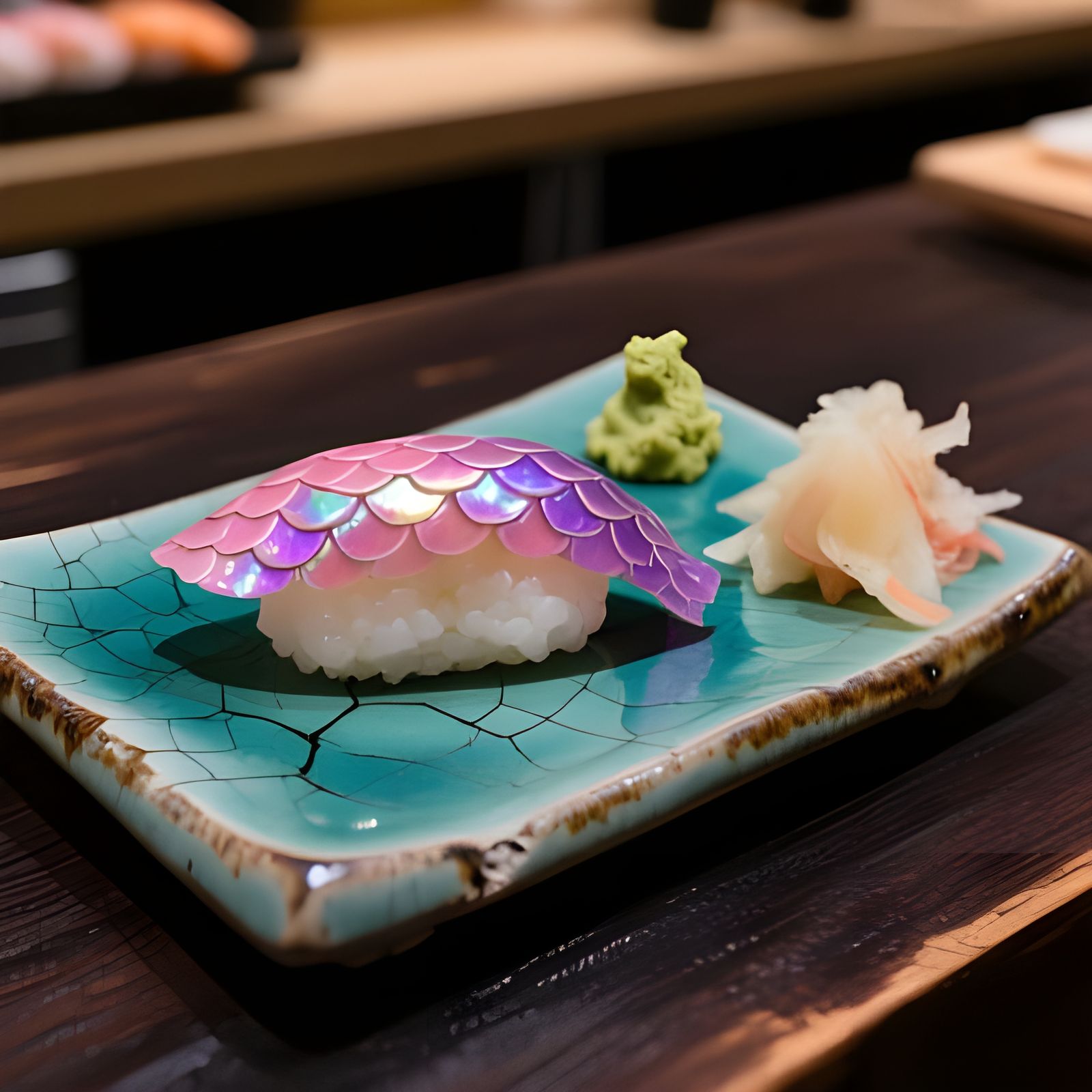 Iridescent Mermaid Scale Nigiri Sushi on Teal Platter