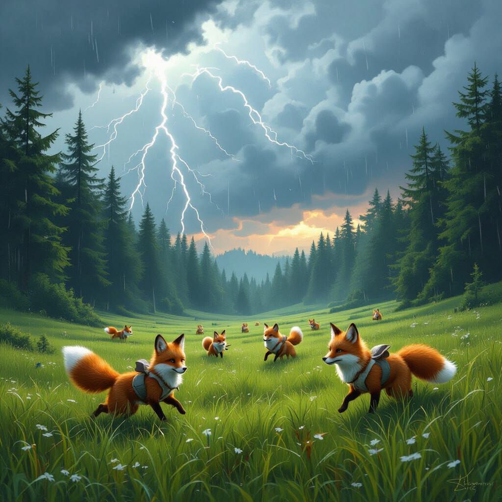 Magical Forest with Foxes Under Stormy Sky