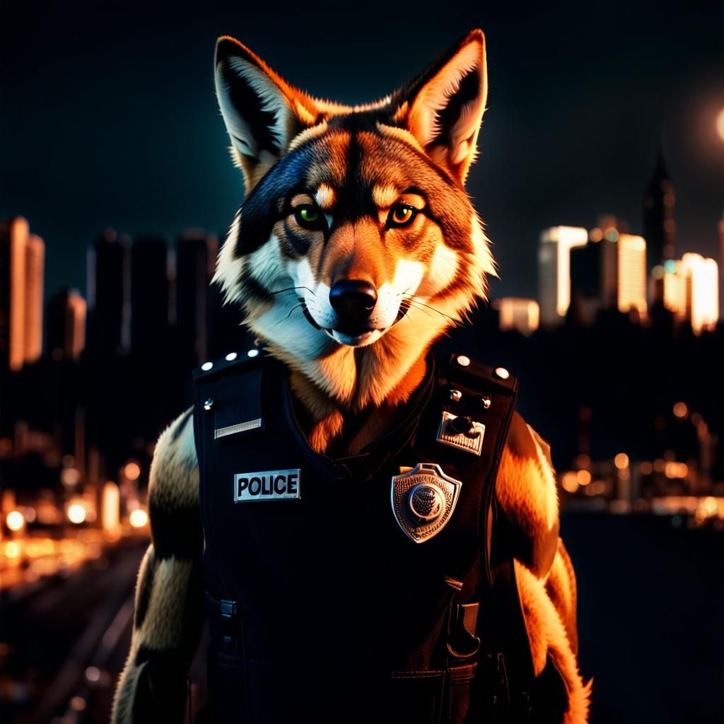Anthropomorphic Coyote Cop in Sunset City