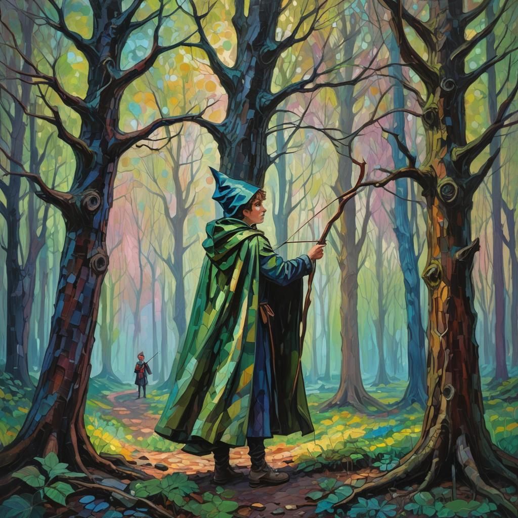 Elf in Forest: Neo-Impressionist Oil Painting