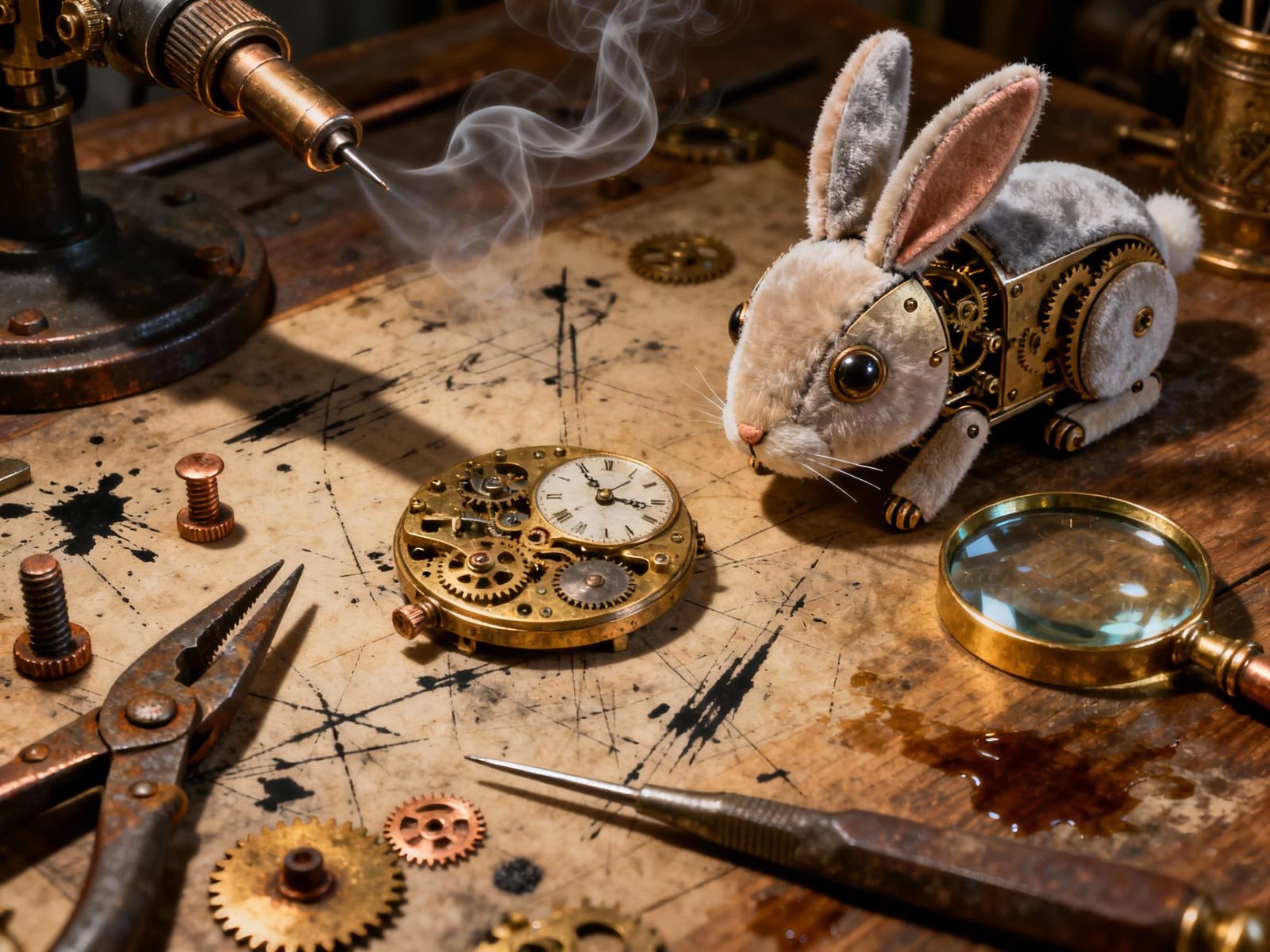Steampunk Workbench With Clockwork Rabbit Automaton