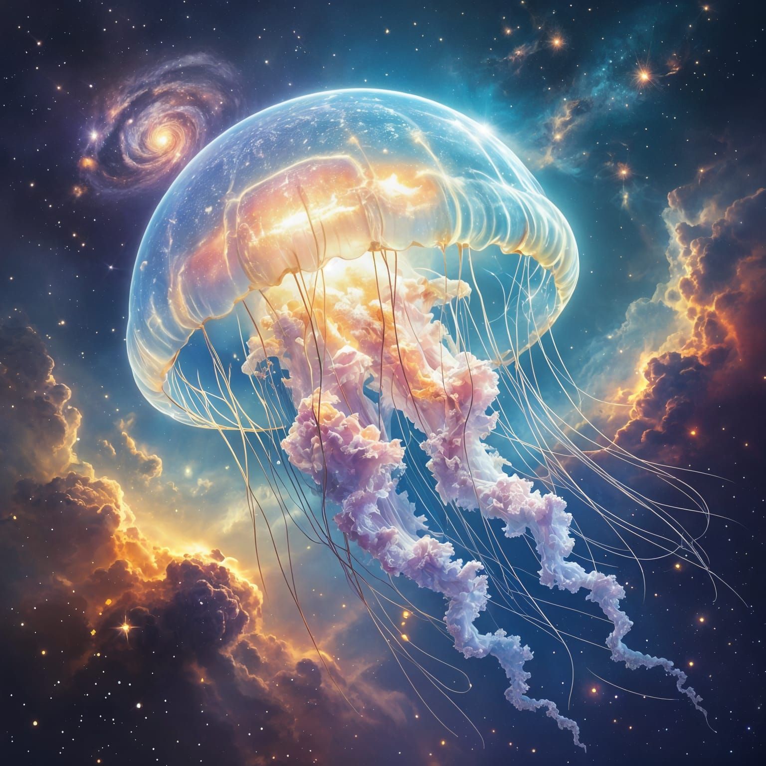 Bioluminescent Jellyfish Drifting Through Nebula-Filled Cosm...