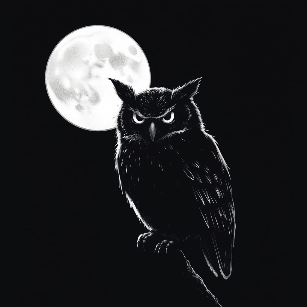 Grumpy Owl Watches Under Full Moon in Minimalist Horror Styl...