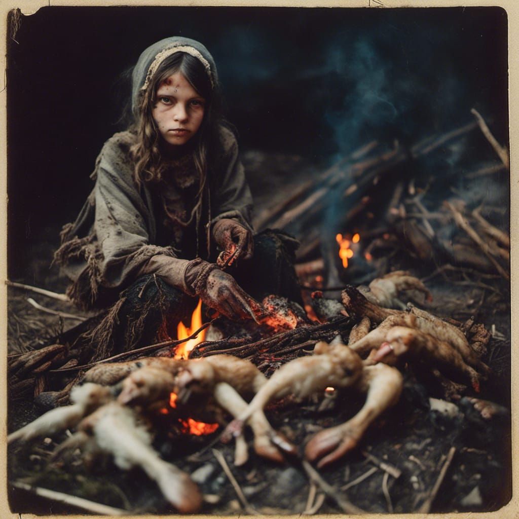 Young Baba Yaga Witch with Campfire Carcasses