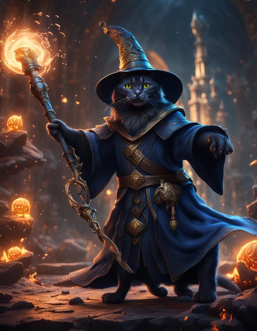 Black Wizard Cat Victory: Fantasy Concept Art