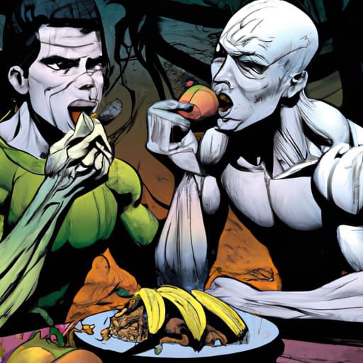 Cannibals Enjoying Fruit in Comic Book Style