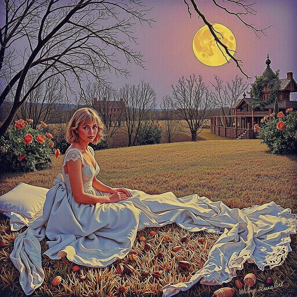 Dreamy Nighttime Scene in Soft, White Satin Colors