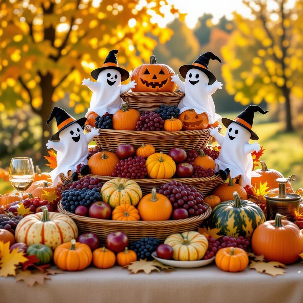 Autumn Harvest Festival Table with Halloween Ghosts