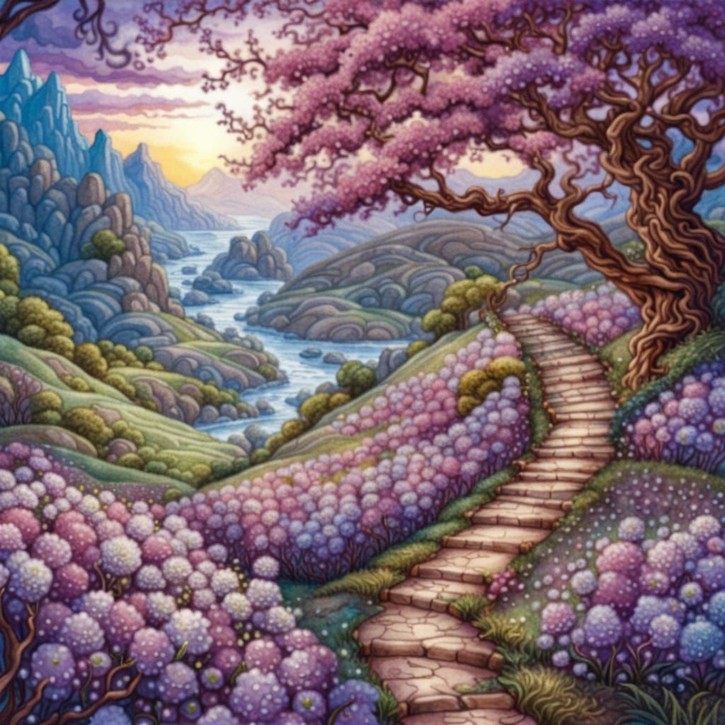 Blooming Plum Garden in Gouache Watercolor Style