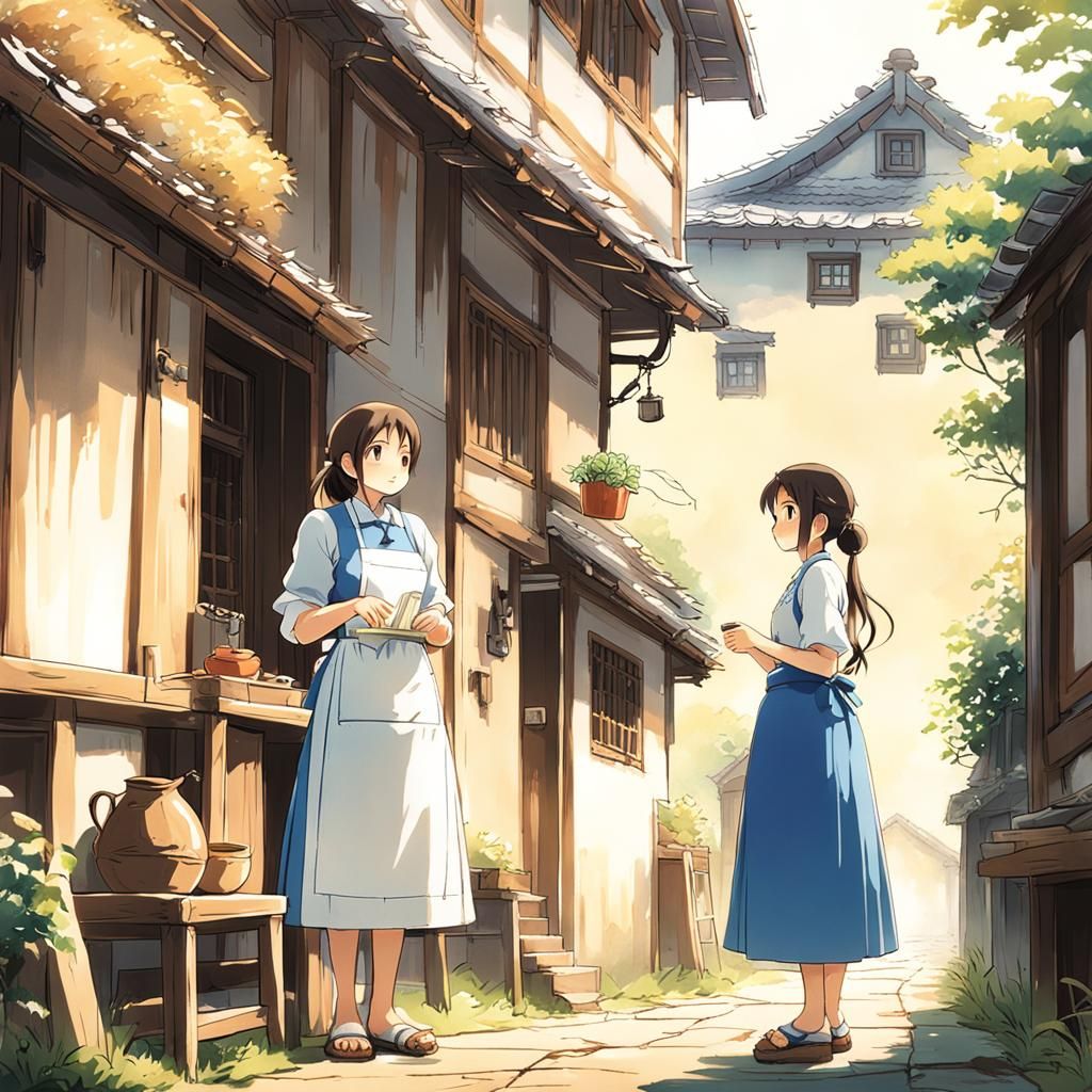 Anime Girl Talking to Grandmother in Village House
