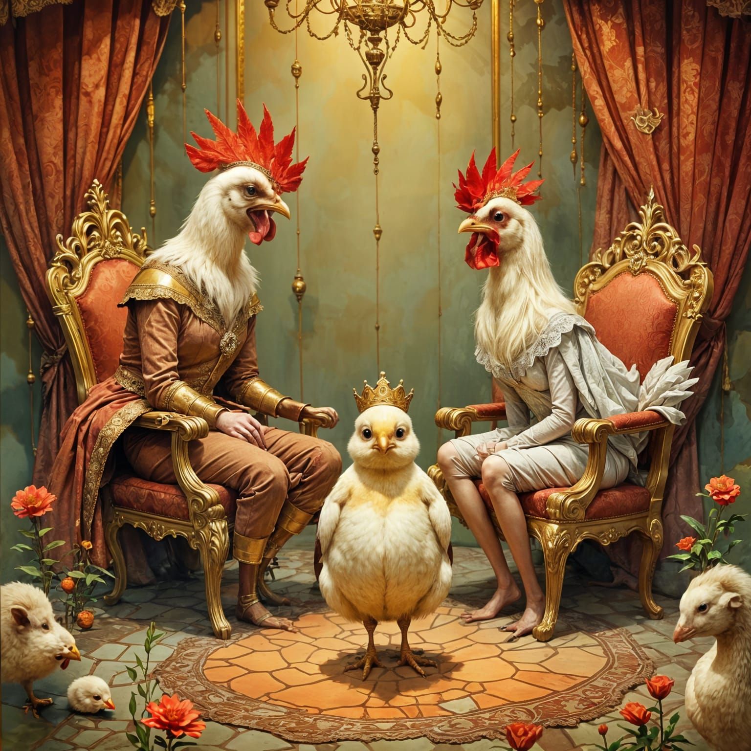 <lora:Akimora:1.0> <lora:Flux - Painterly:1.0> A Victorian-era royal chamber with two regal hens siting proudly on grand...