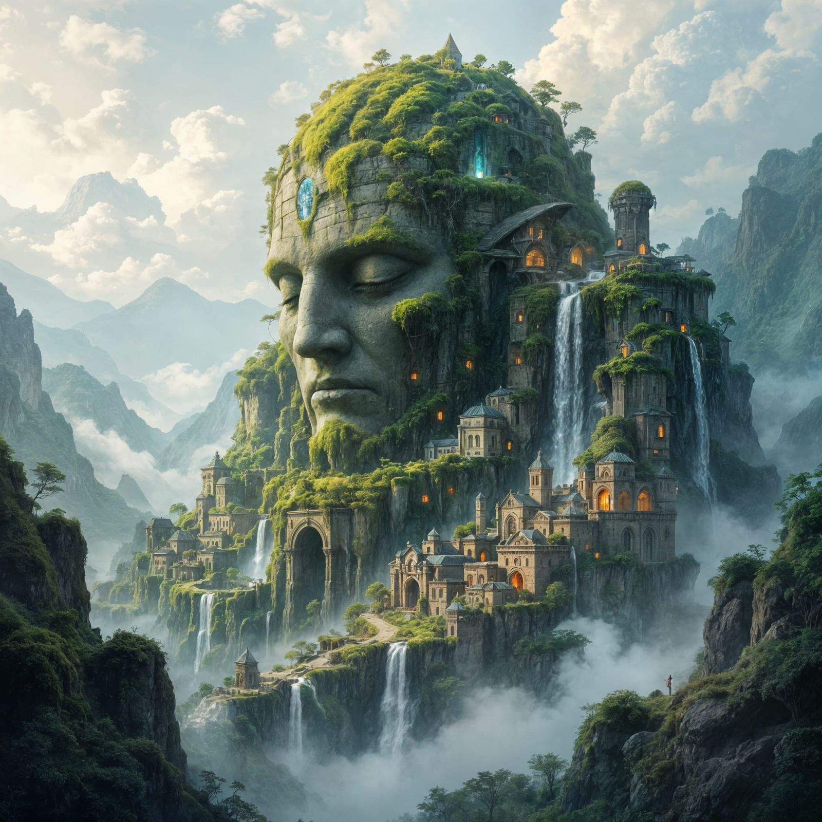 Ancient City on Stone Giant, Ethereal Fantasy Art