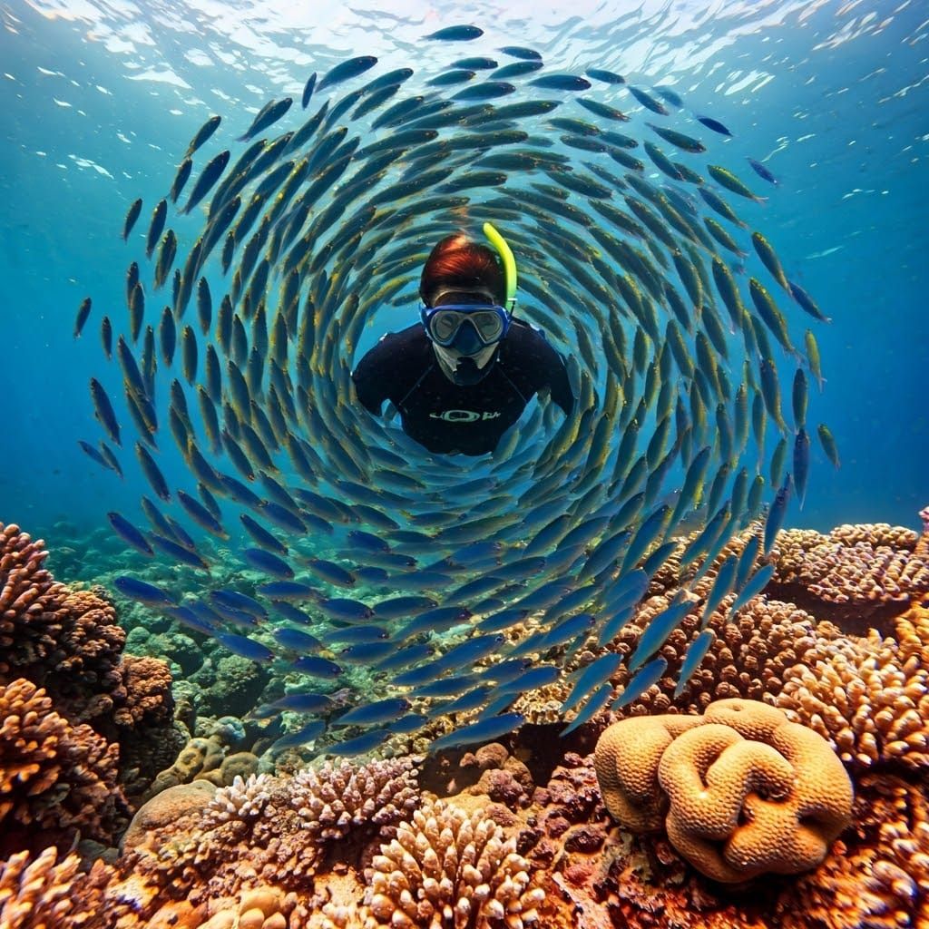 Diver Amongst Vibrant Coral Reef Teeming with Tropical Fish