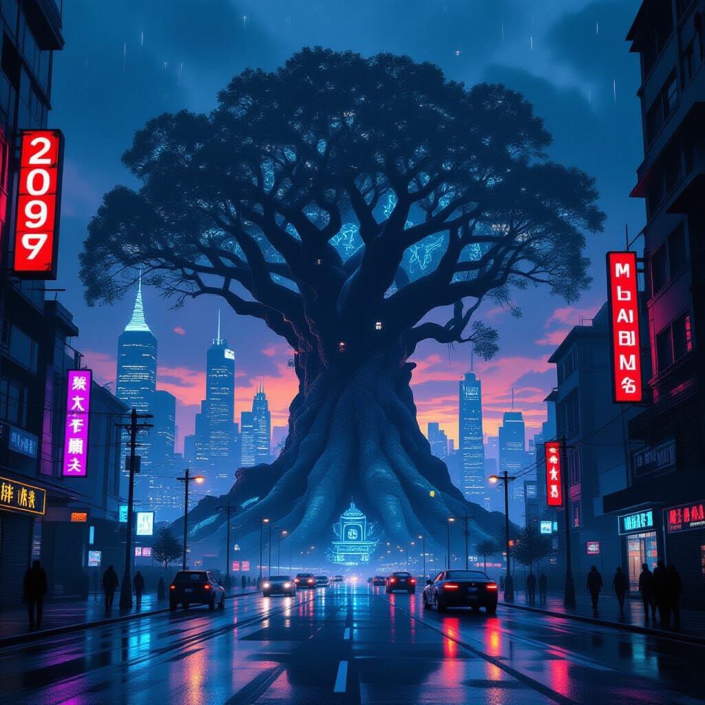 Cyberpunk Cityscape Meets Ancient Tree at Night