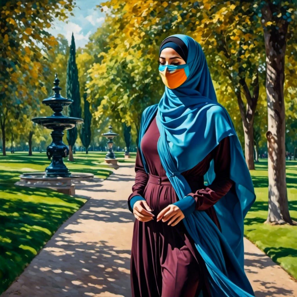 Hijabi Lady Walking in Park as Oil Painting
