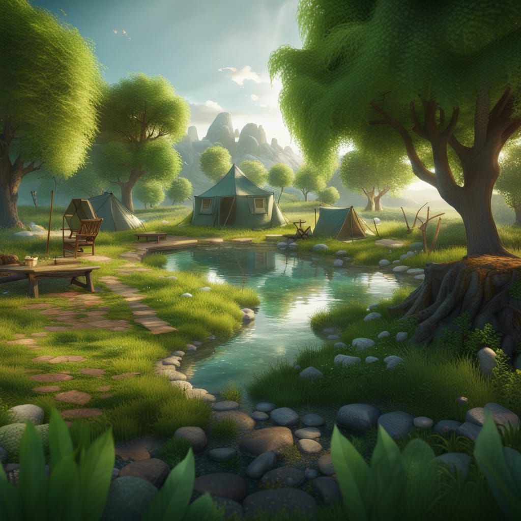 Green Campsite by Pond in Fantasy Landscape