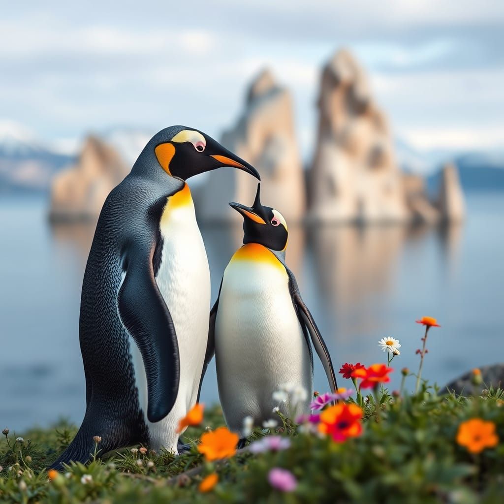 Surreal Penguins Island in Vibrant Bloom