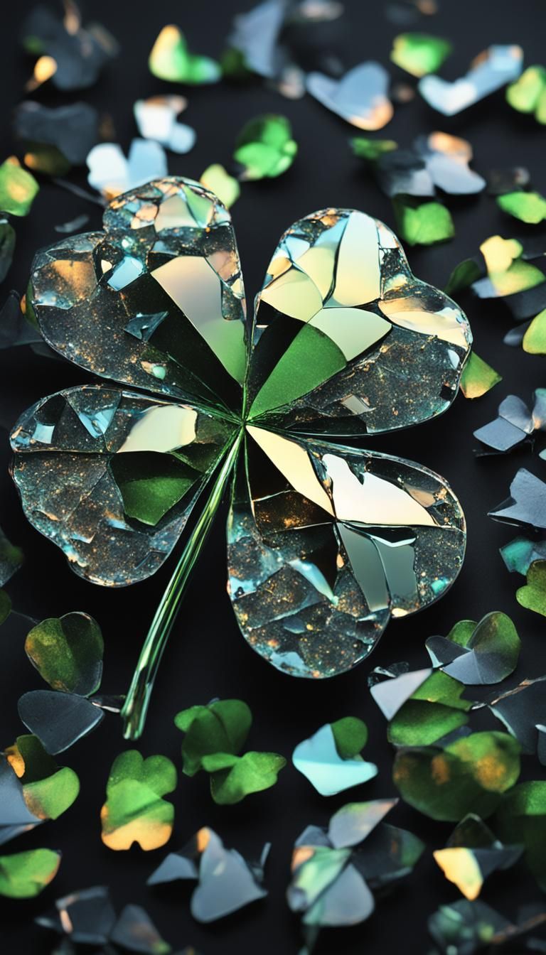 Iridescent Four-Leaf Clover Reflected in Mirror Shards