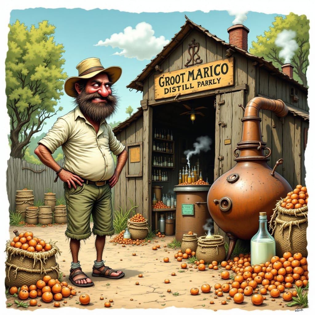 Afrikaner Farmer's Mampoer Distillery in Caricature Style