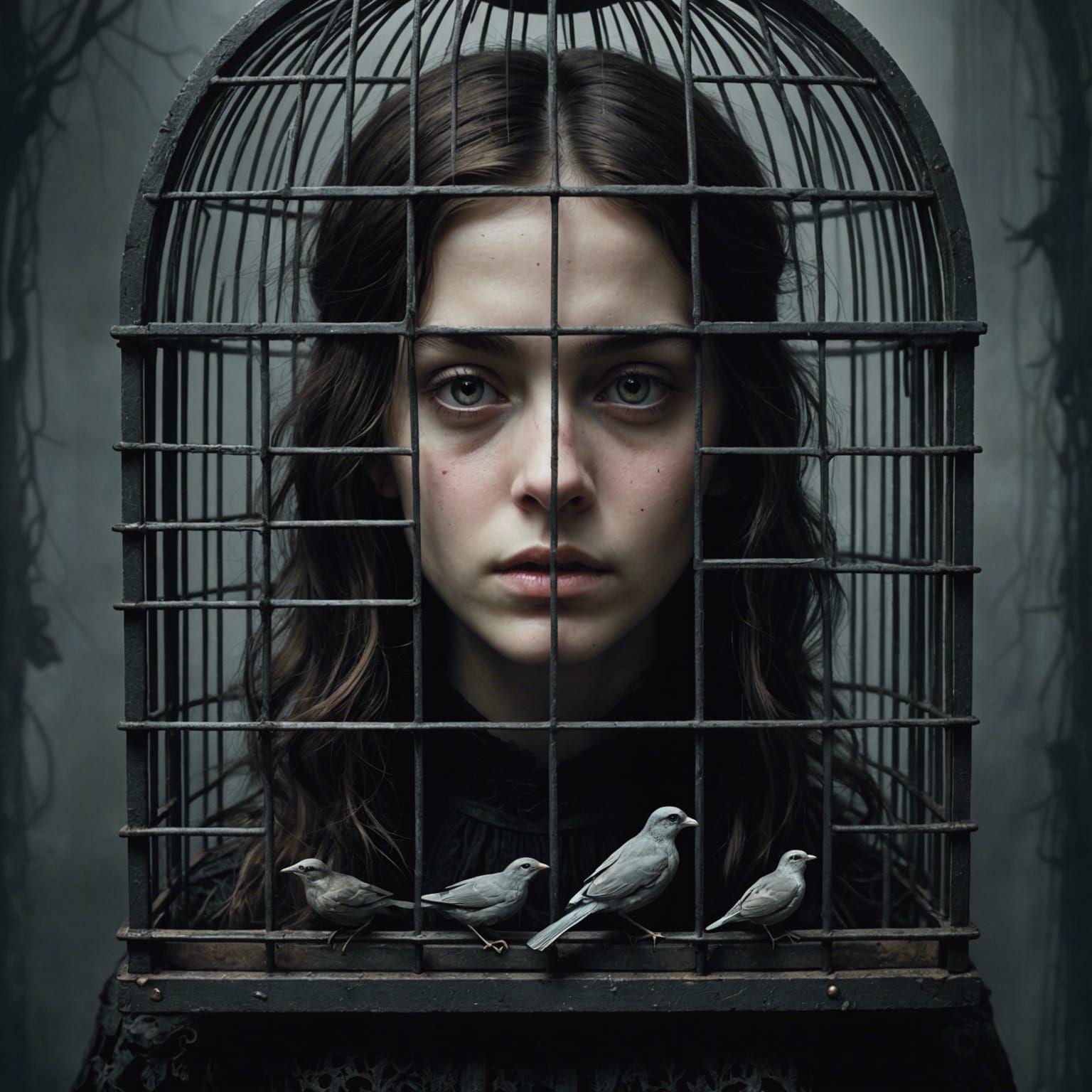 Surreal Macabre Portrait: Girl in Bird Cage