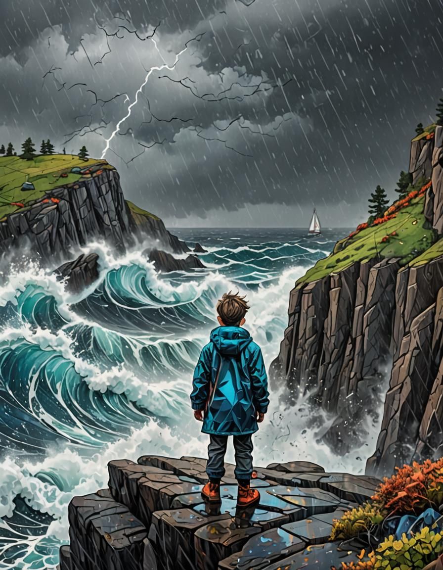 Boy Watches Sailboat in Epic Storm