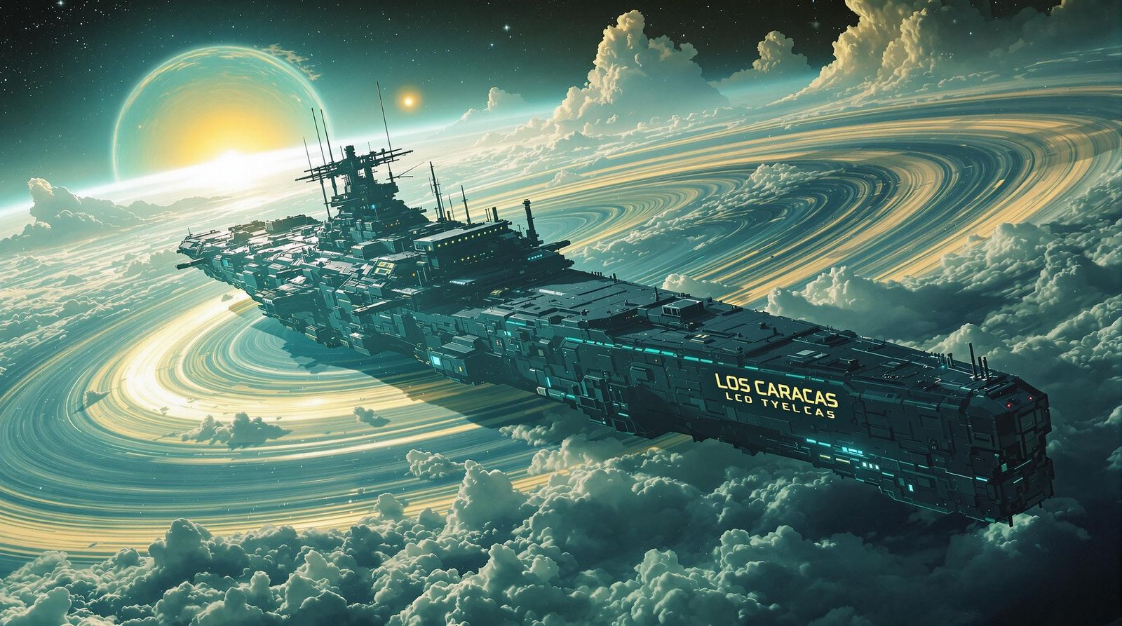 Cosmic Code Telexa: A Gargantuan Warship in Dark Teal Aurora