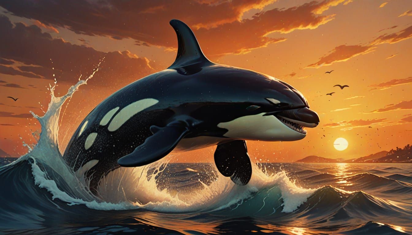 Orca Breaching at Sunset: A Digital Painting