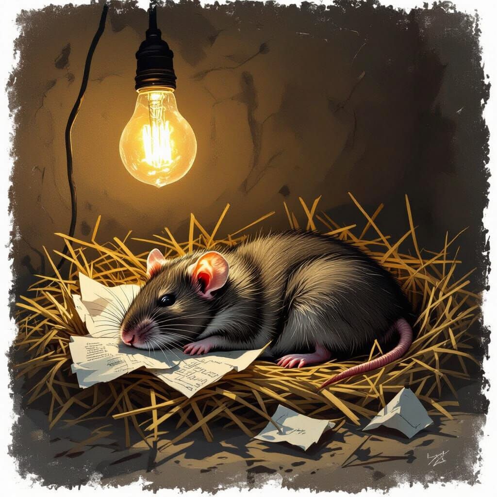 Overweight Rat Sleeps Peacefully in Dusty Light