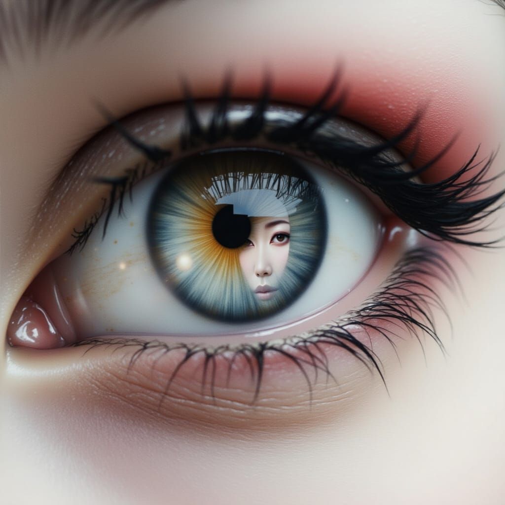 Realistic Eye Reflecting Geisha in Double Exposure
