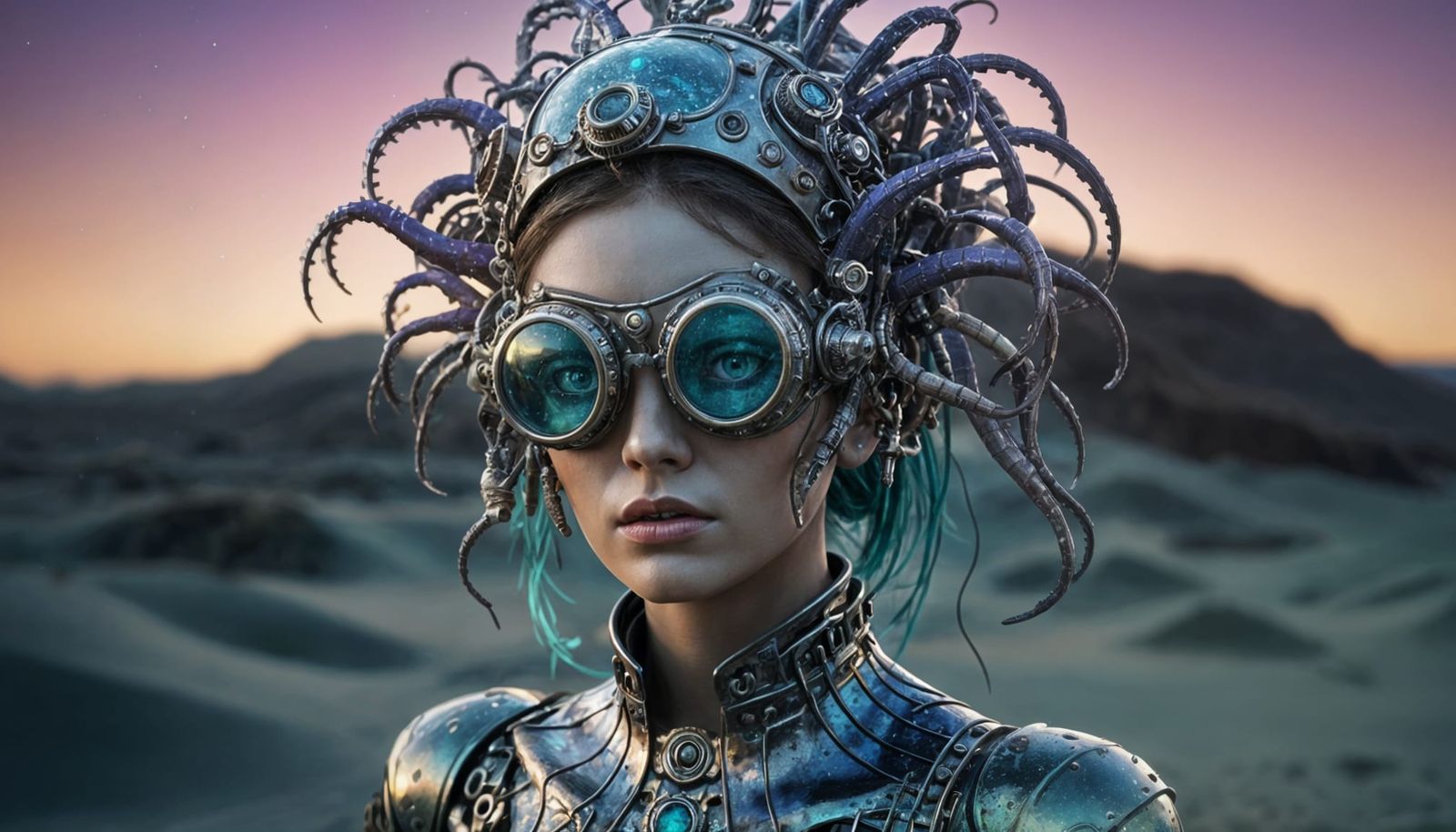 Cyborg Siren Emerge from Desert Landscape in Ethereal Cyberp...