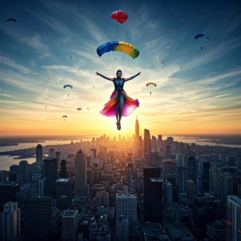 Skydivers Form Dancer Silhouette Above Metropolis