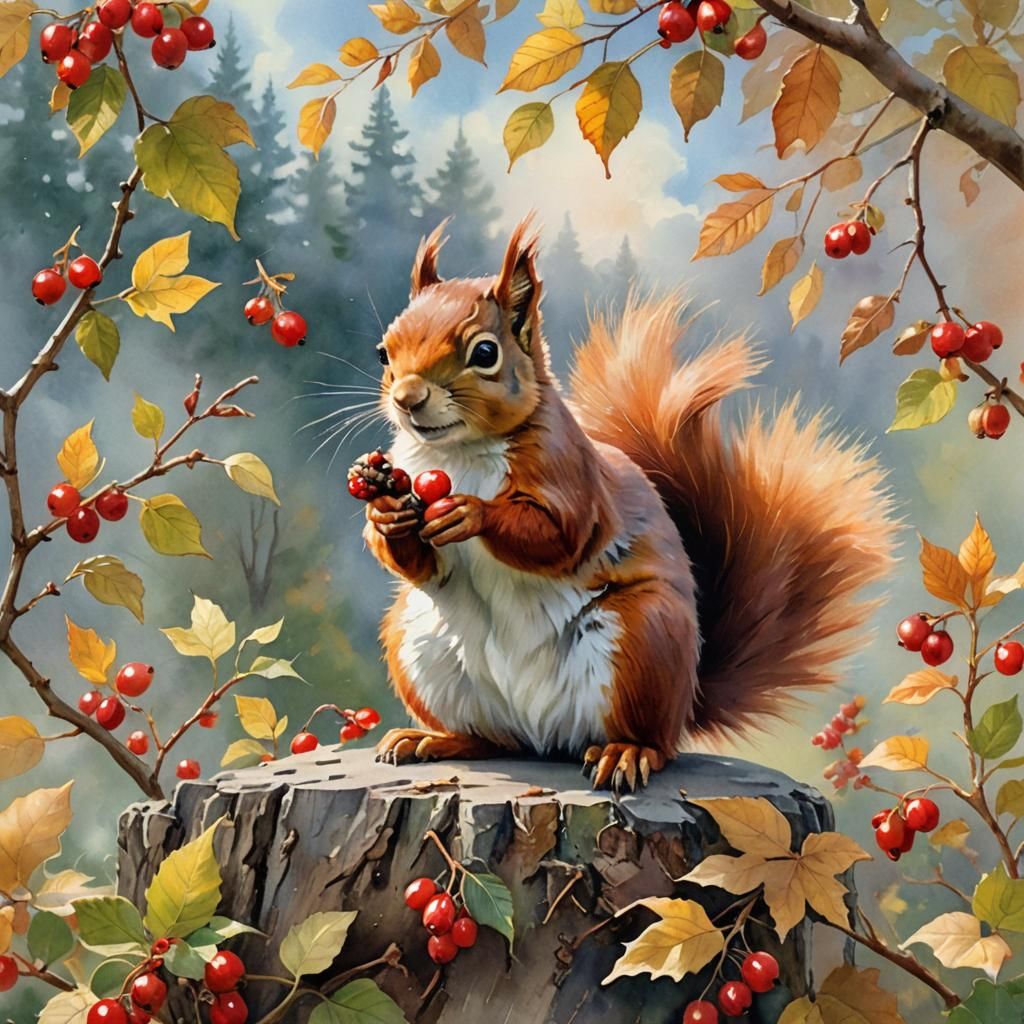 Squirrel in Whimsical Watercolor Autumn Scene