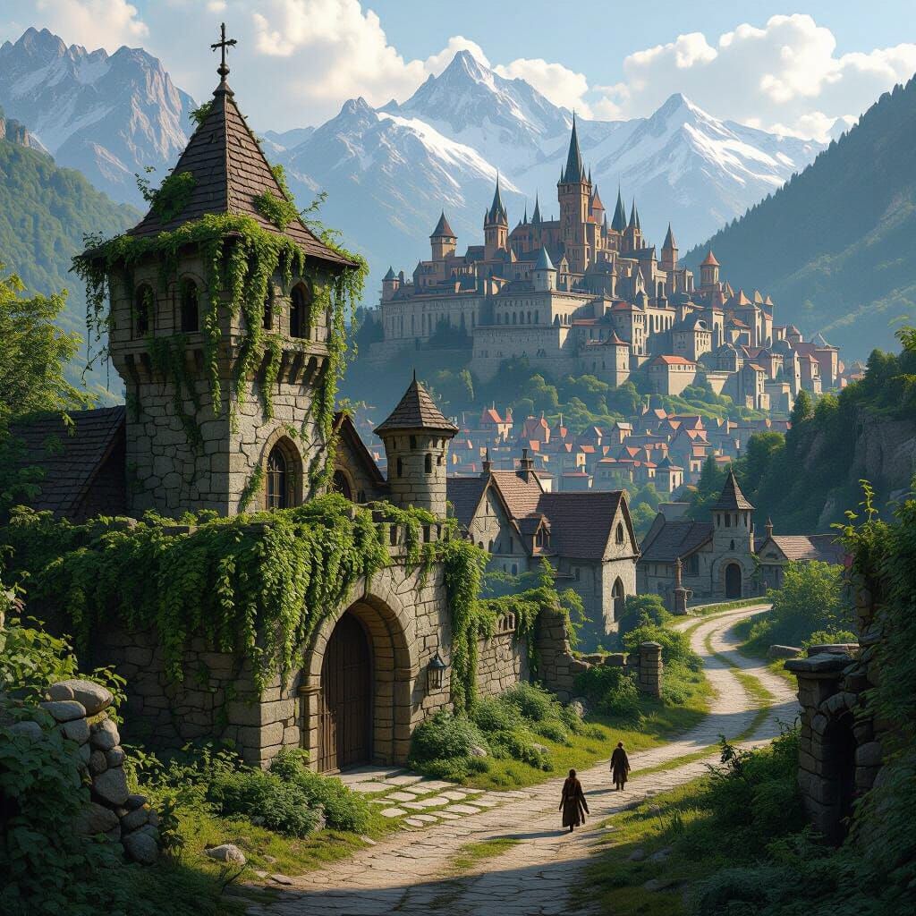 Elven Ruins and Medieval Academy in Fantasy Landscape