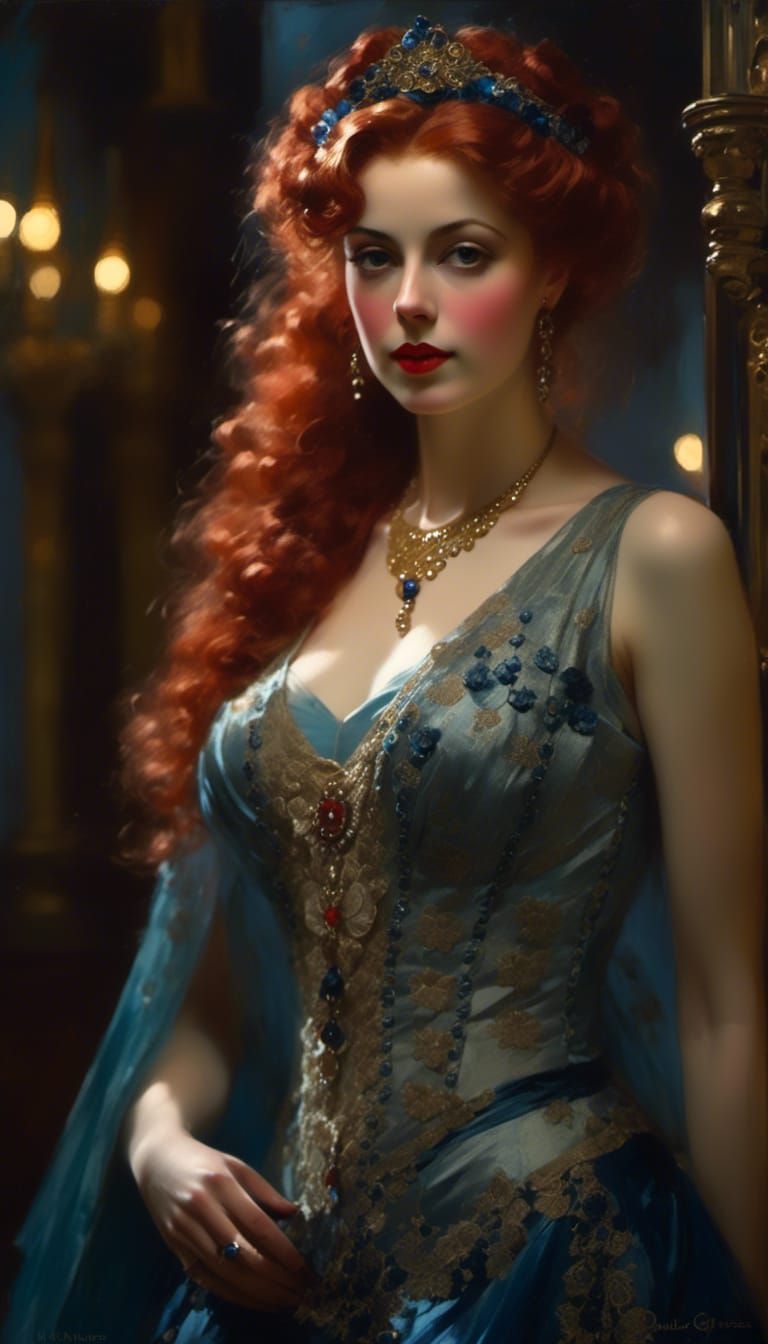 Woman in Blue in Victorian Style