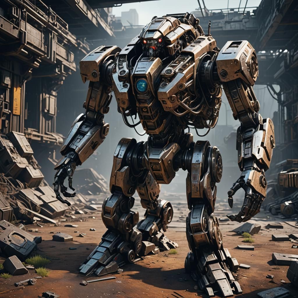 Rusty Sci-Fi Mech Abandoned in a Futuristic Landscape