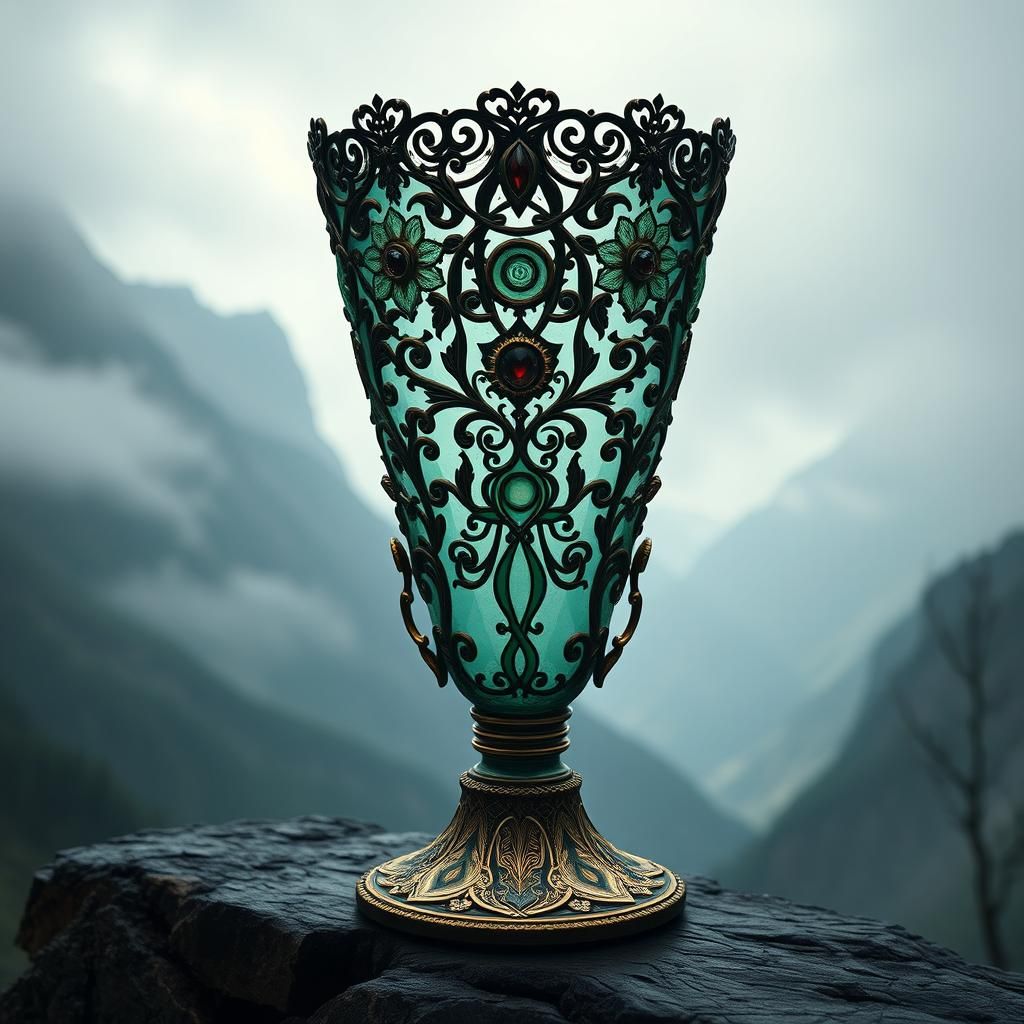 Ornate Cthulhu Chalice on Misty Mountainscape