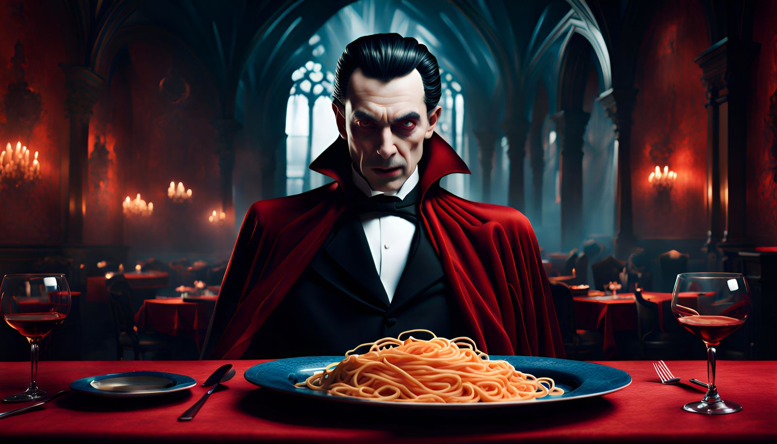 Dracula with closed eyes looking to Spagetti on table, backg...
