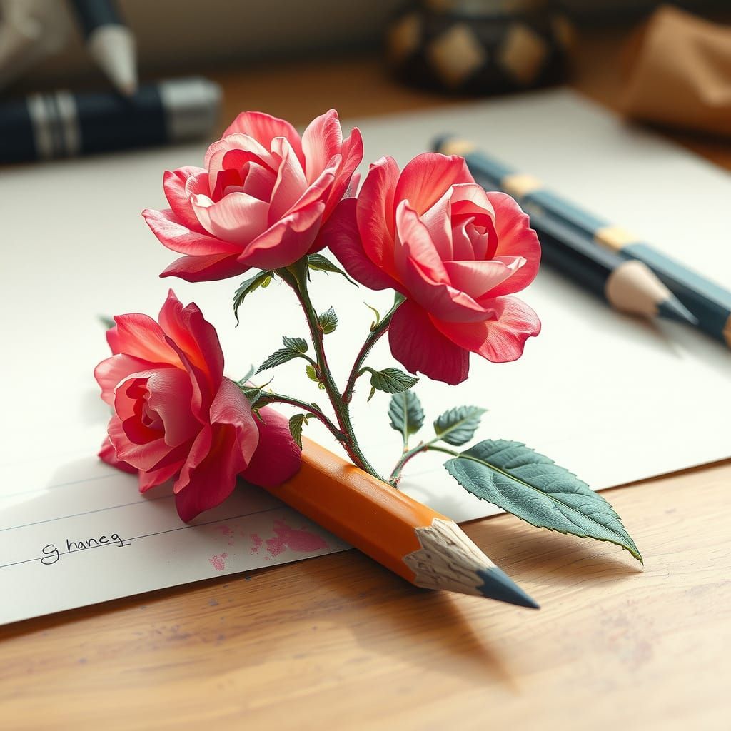 Pencil Transforms Into Blooming Roses on Desk