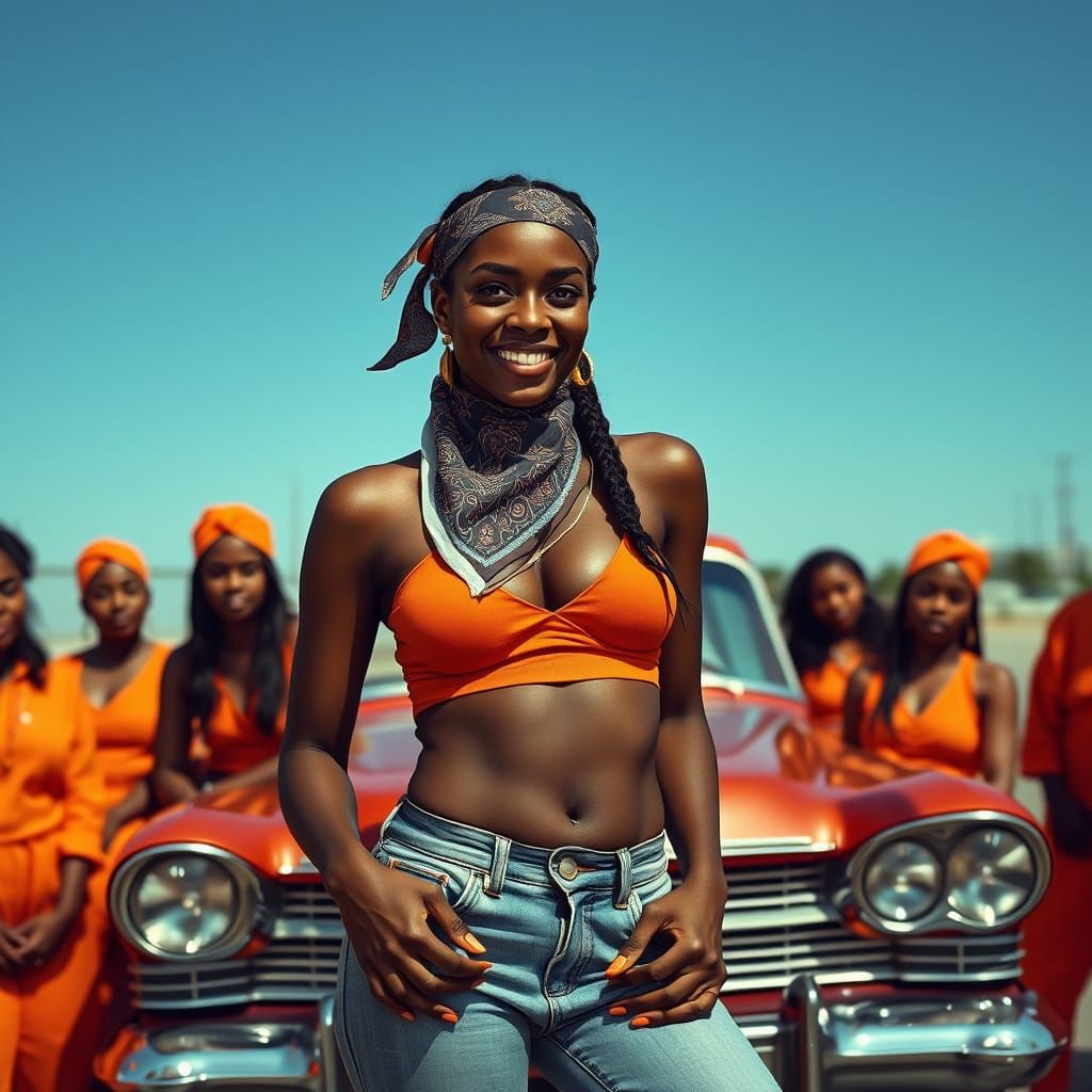 Sultry Black Woman Surrounded by Female Gang Members in Vibr...