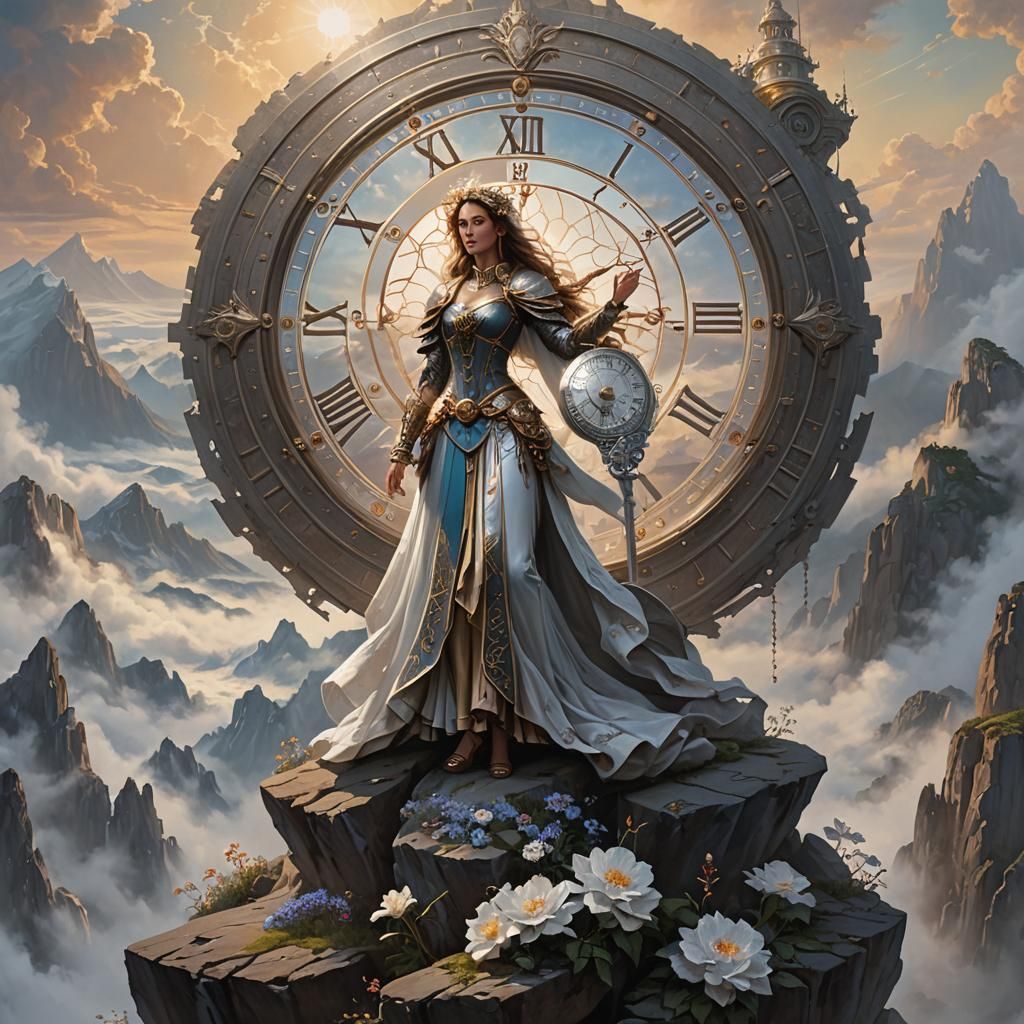 Fantasy Art Portrait: Woman, Clock, and Dreamy Sunset