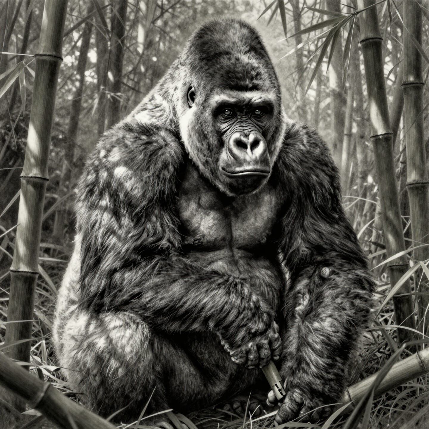Graphite Drawing of Contemplative Mountain Gorilla