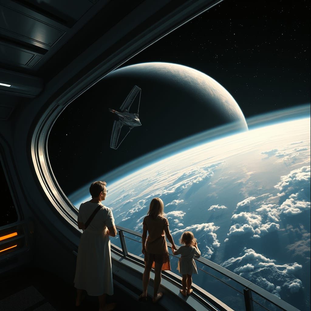Human Family Observes Distant Planet from Spaceship Observat...