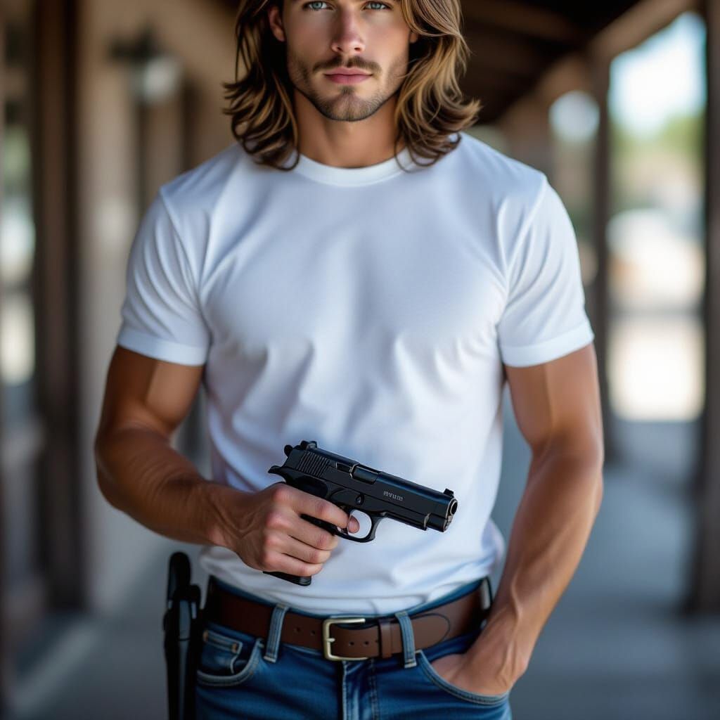 Photorealistic Portrait of Determined Young Man with Pistol