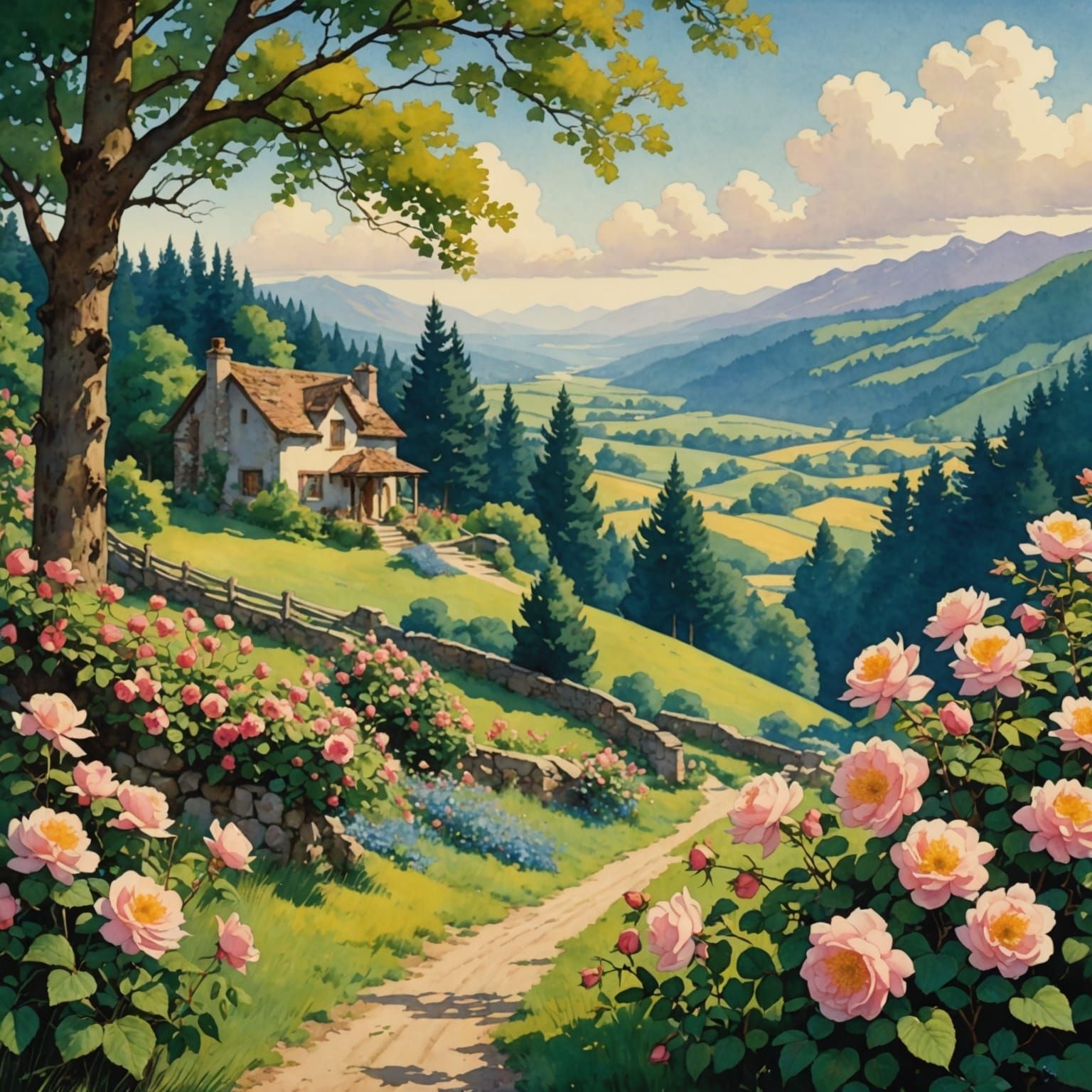 Watercolor Countryside Landscape with Wild Roses