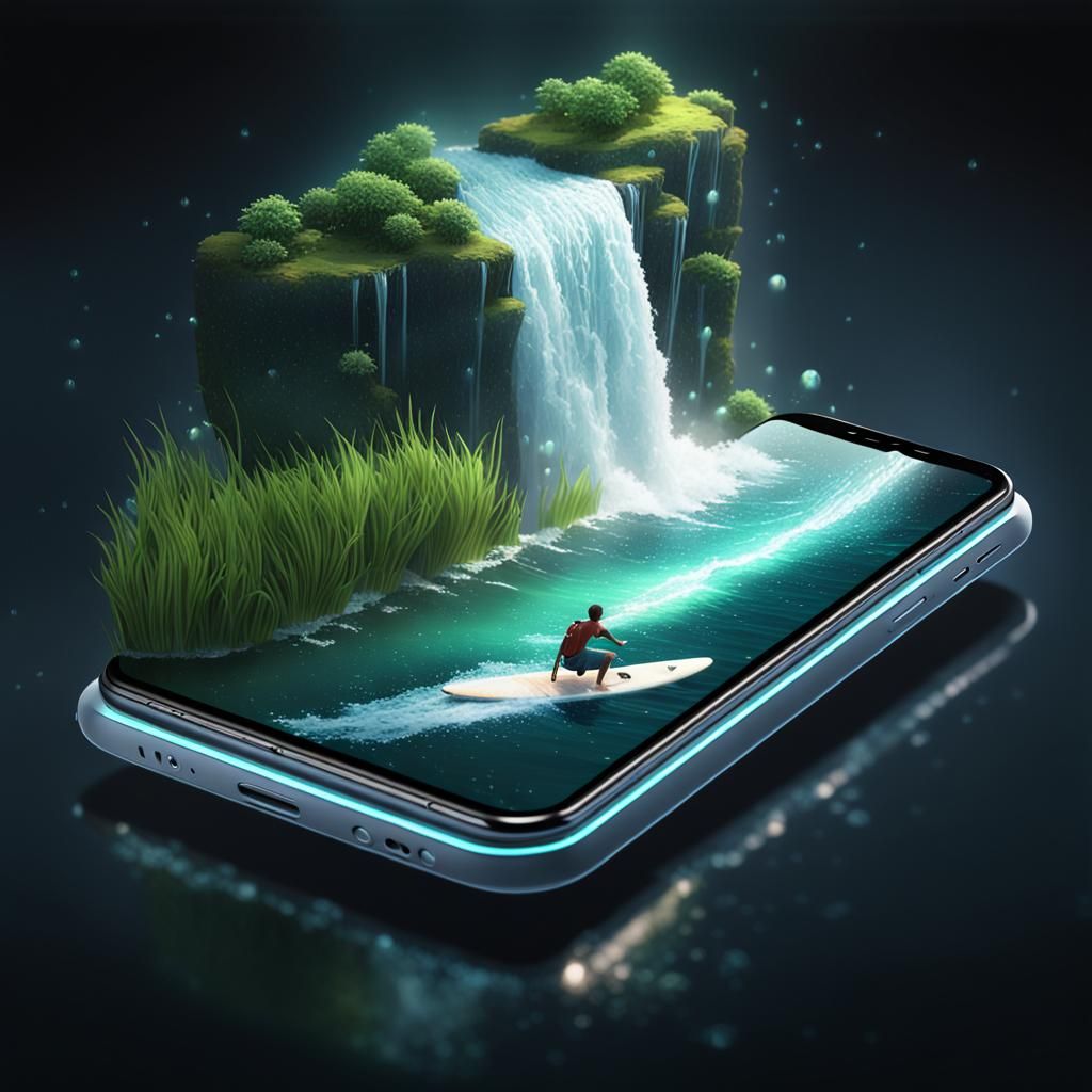 Anime Surfboarder on Waterfall Flowing from Phone